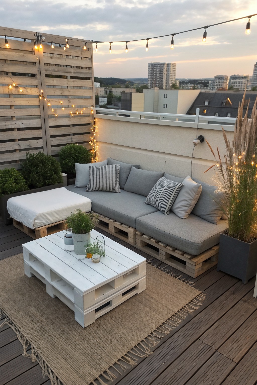 A rooftop deck with a large sectional sofa built from wooden pallets and covered in gray cushions, a white pallet coffee table on a woven rug, and string lights along the railing.