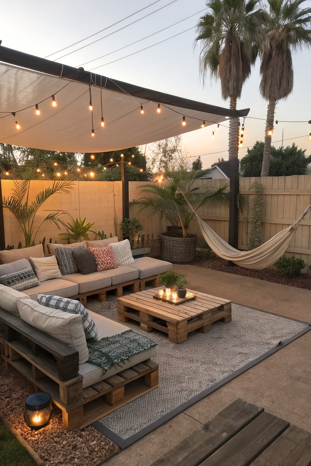 Backyard patio with multiple pallet sofas arranged around a pallet coffee table on a large rug, under a shade sail with string lights.
