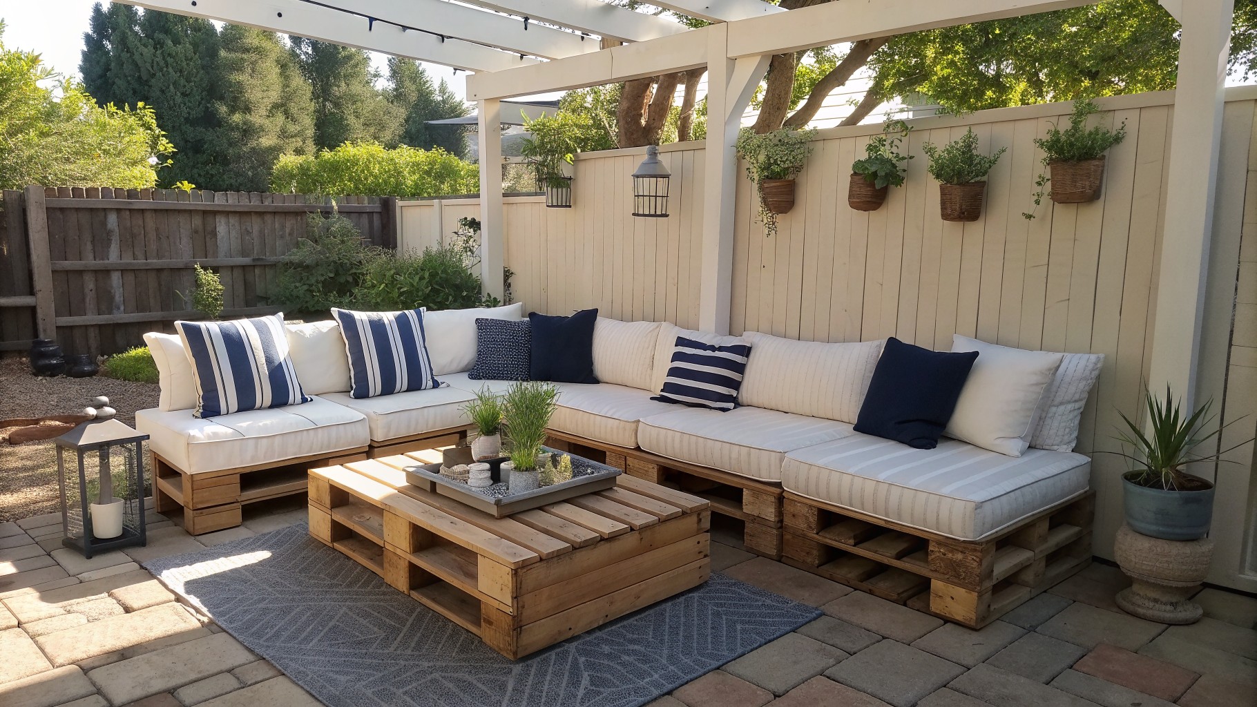 An outdoor patio features an L-shaped seating area made from wooden pallets with white cushions and blue striped pillows, a matching pallet table in front, and a wooden pergola above.