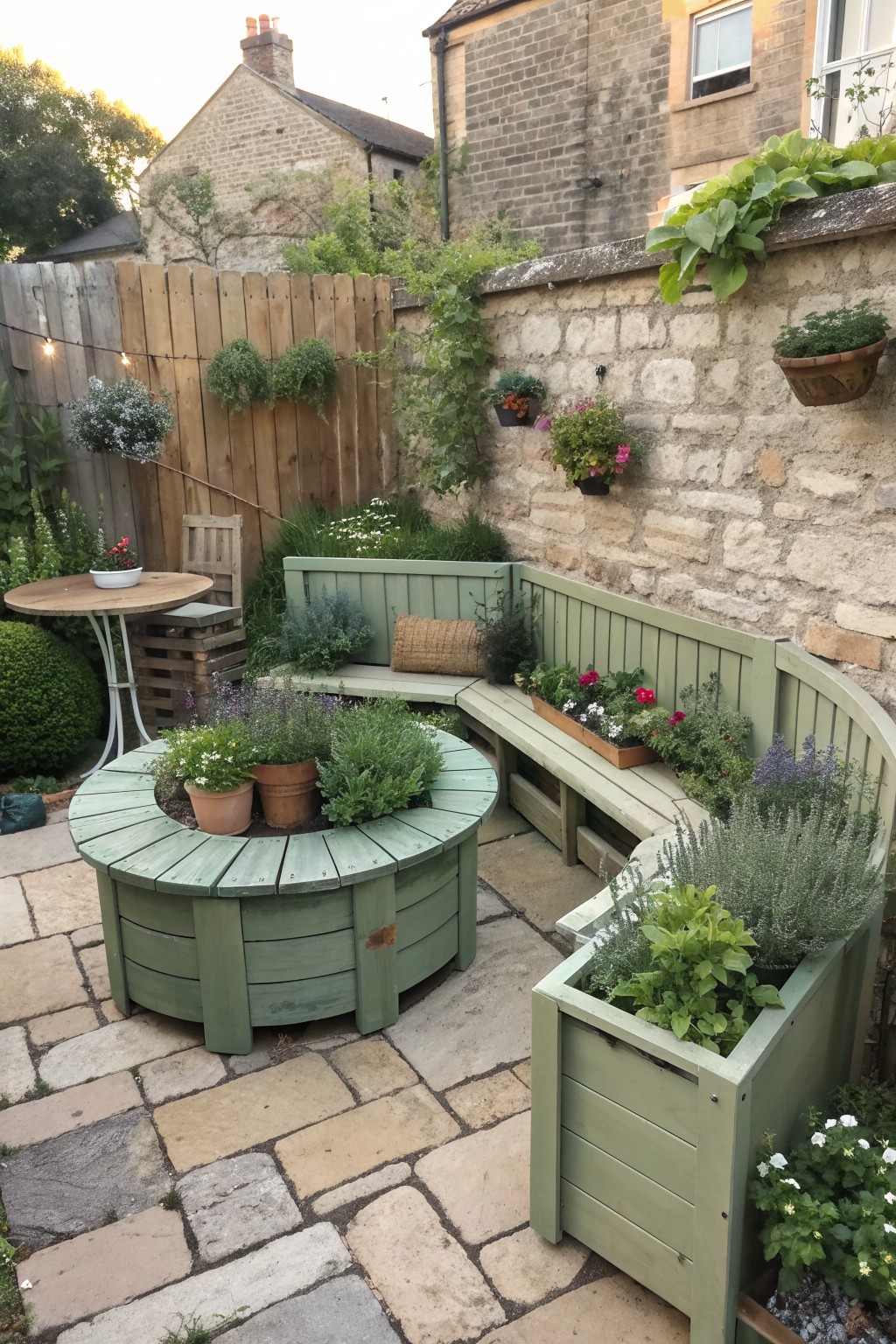 Cozy stone patio with curved green bench, round planter, and blooming flowers