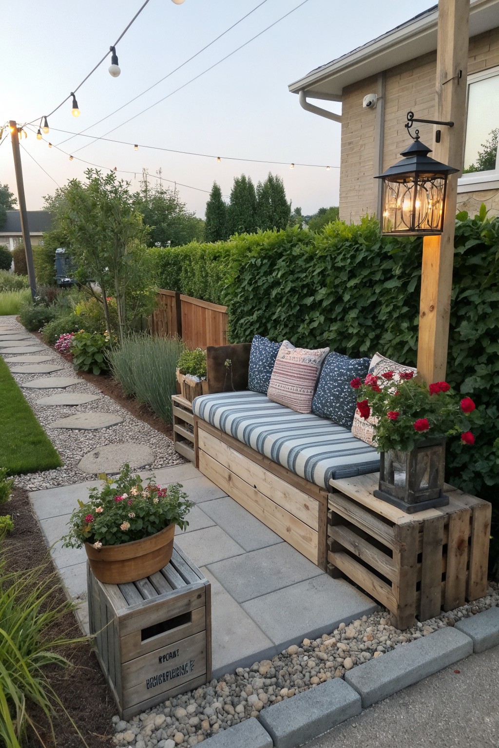 A long wooden pallet bench with a striped cushion and several pillows sits on a paved patio next to a house, with potted flowers on nearby crates and string lights above.