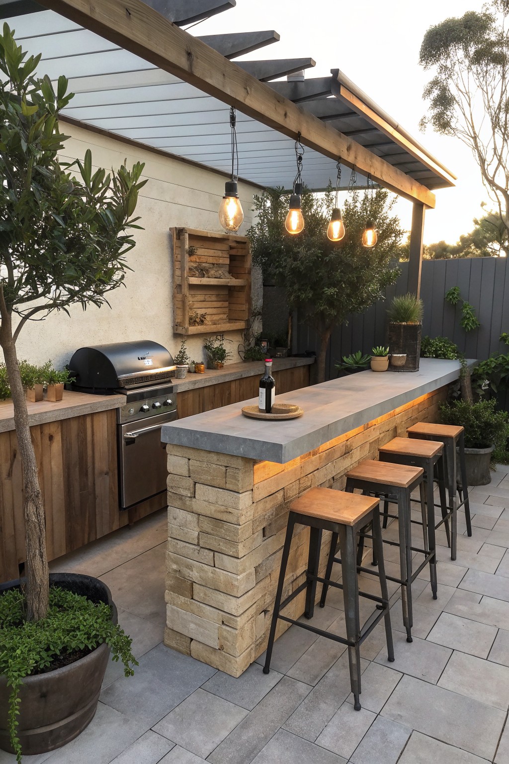 Outdoor patio bar with four wooden bar stools along a concrete counter built on a stacked stone base, next to a stainless steel grill.