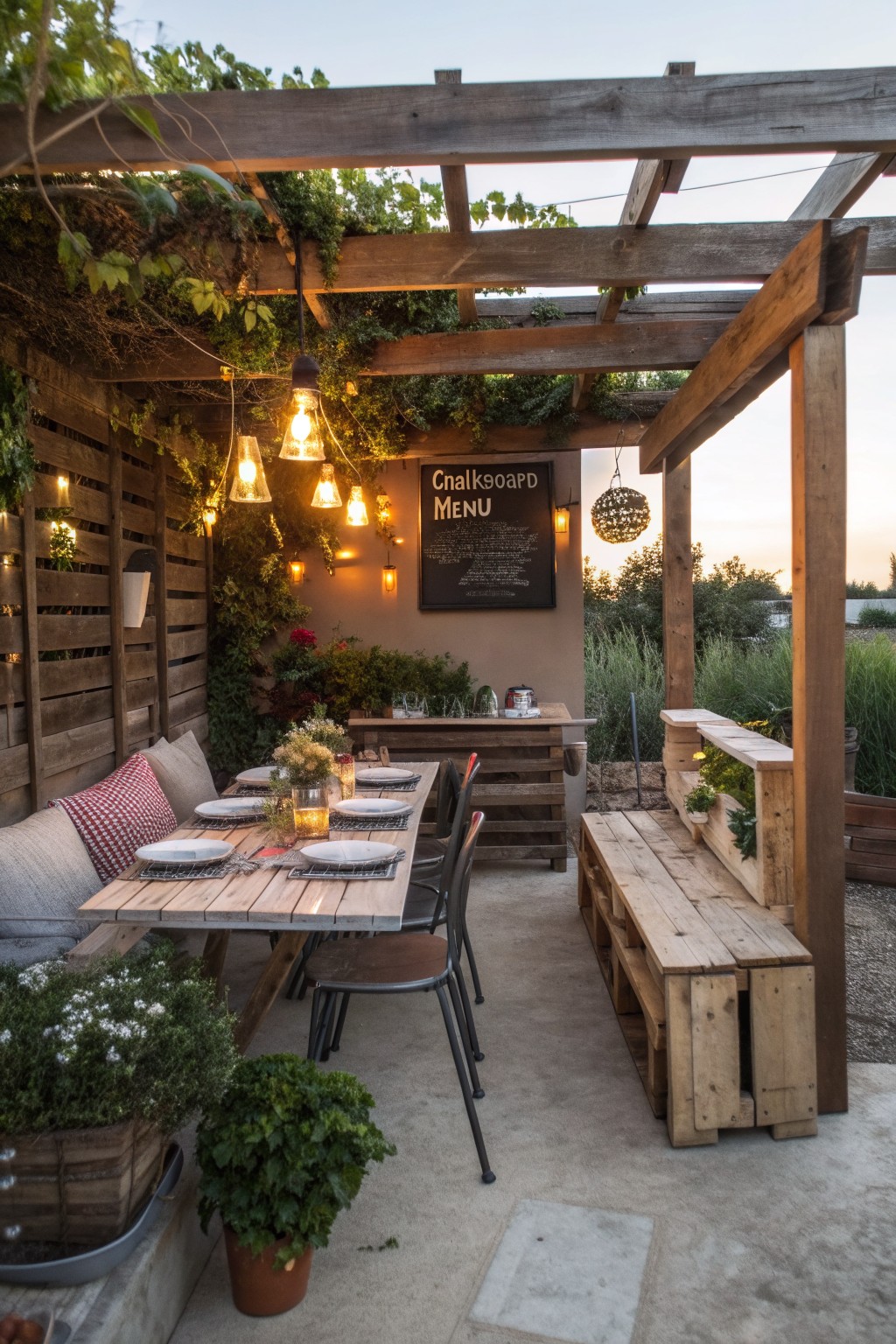 An outdoor dining setup under a wooden pergola includes a long table with plates and a bench constructed from wooden pallets on the right side.