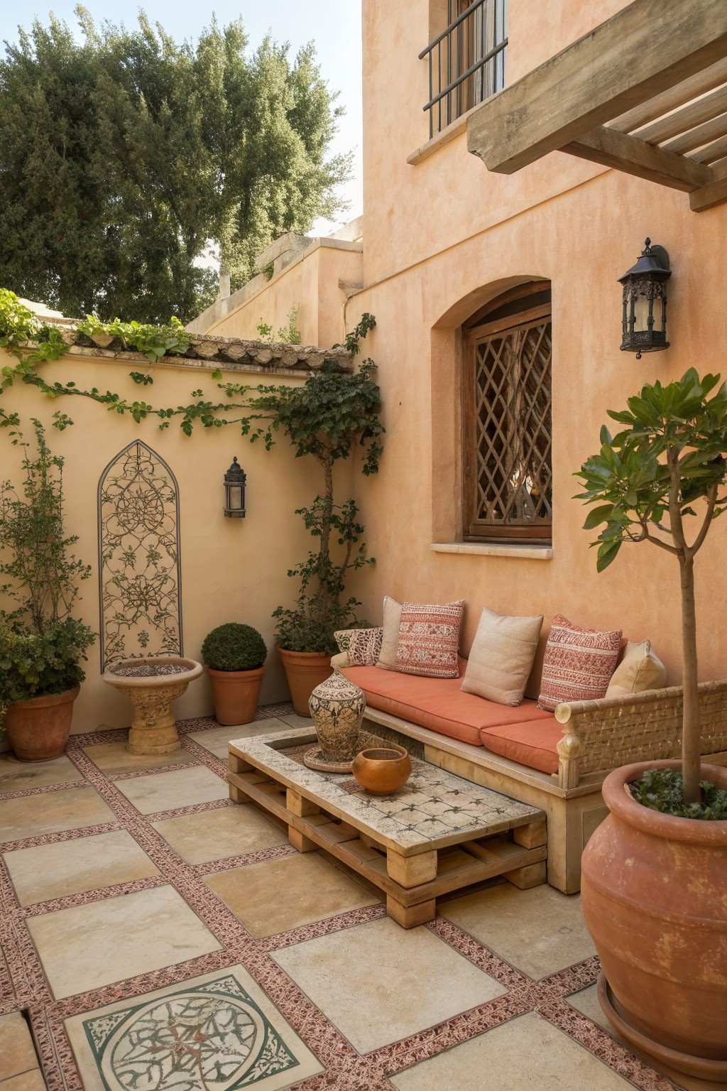 Sunlit Mediterranean patio with cushioned bench, terracotta pots, and patterned tile floor
