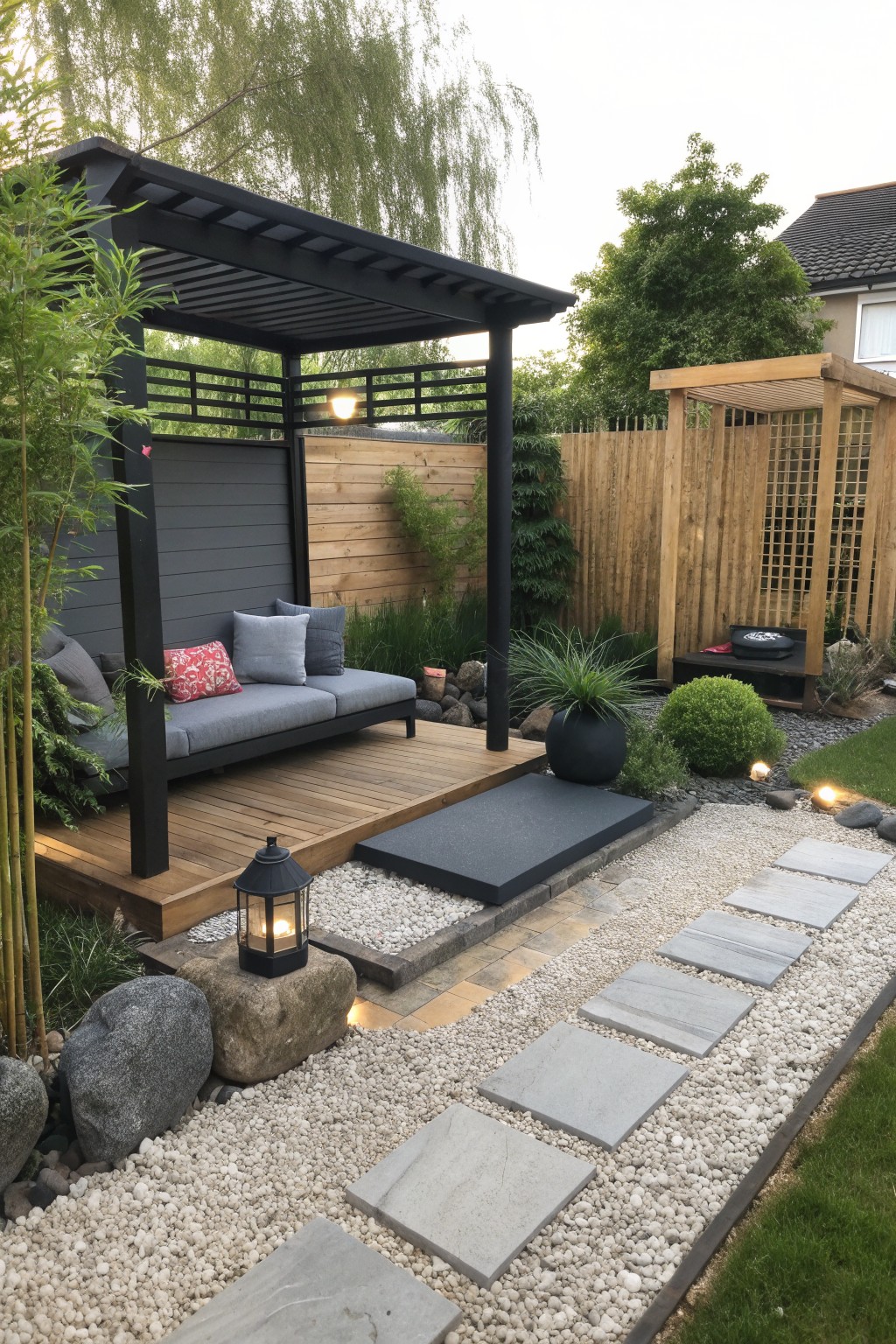 A backyard scene showing a black pergola over a raised wooden deck with gray cushioned seating, gravel paths with stepping stones, and surrounding plants and rocks.