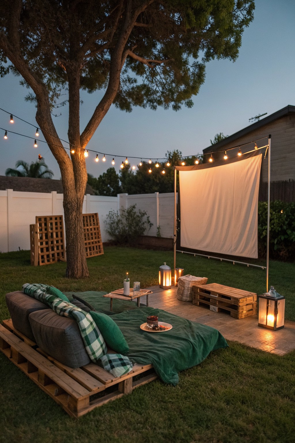 Wooden pallet sofa with cushions on grass beside a pallet platform, projector screen, string lights, and lanterns in a backyard at dusk.