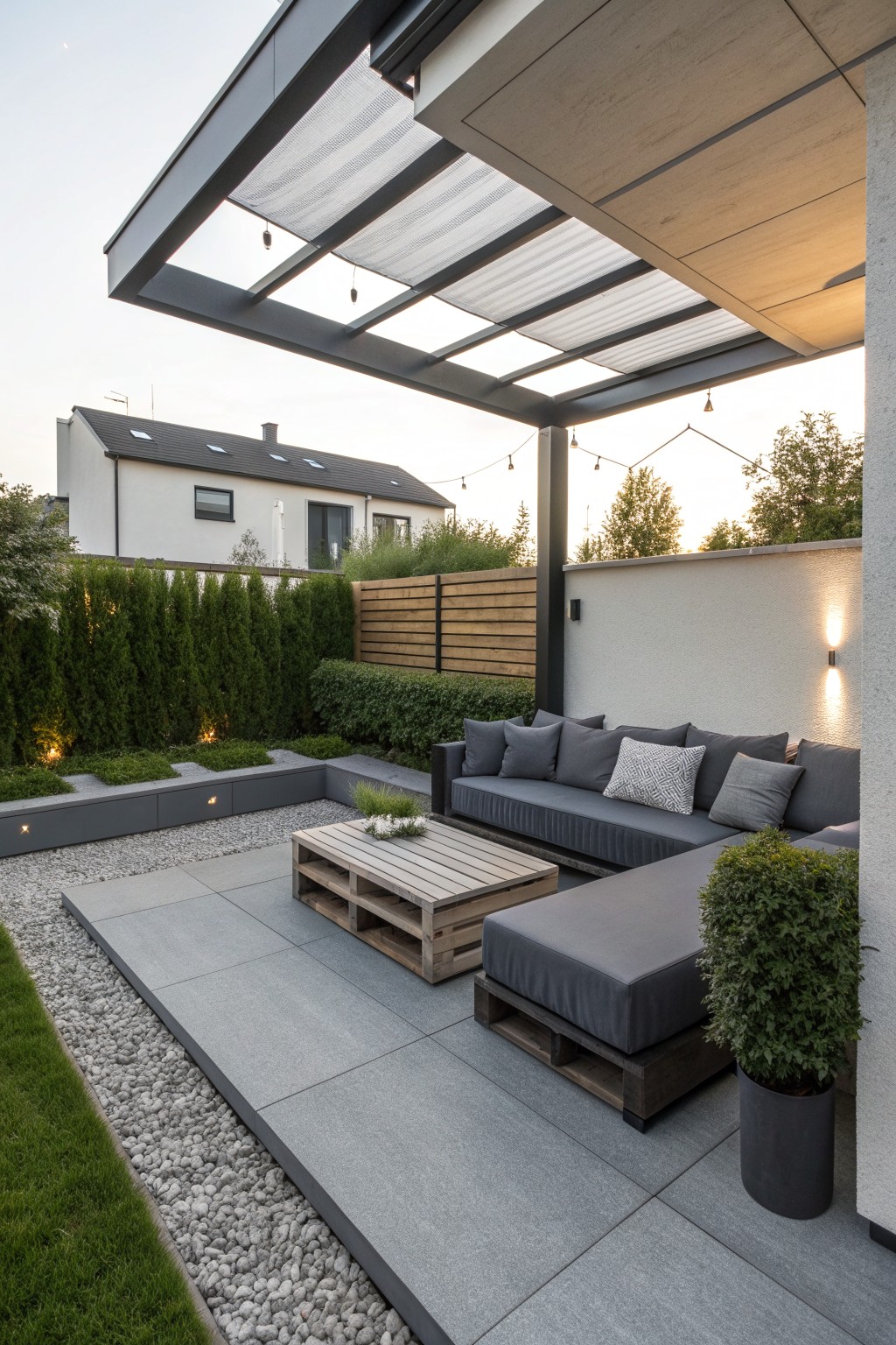 An outdoor patio features gray cushioned seating built on pallets, a wooden pallet coffee table, and a covered pergola structure.