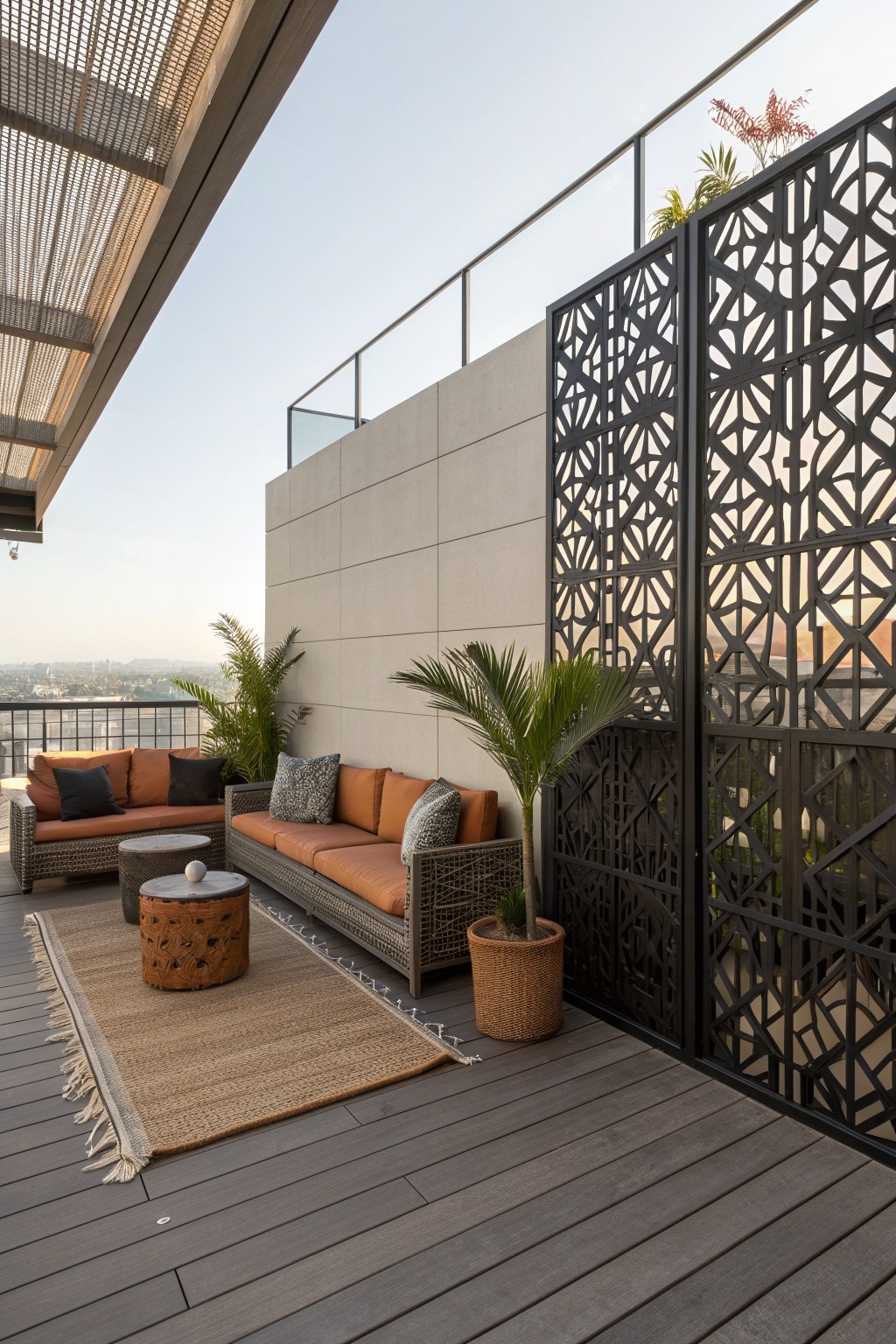 An outdoor deck with woven seating, orange cushions, wooden flooring, potted palms, and a tall black privacy screen featuring geometric cutout patterns.