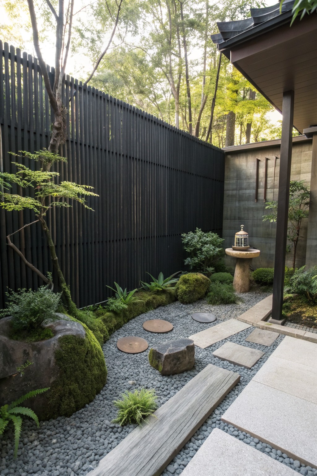 A narrow garden area with gray gravel, wooden planks, and stone stepping stones bordered by a tall black vertical slat fence and low green plantings.