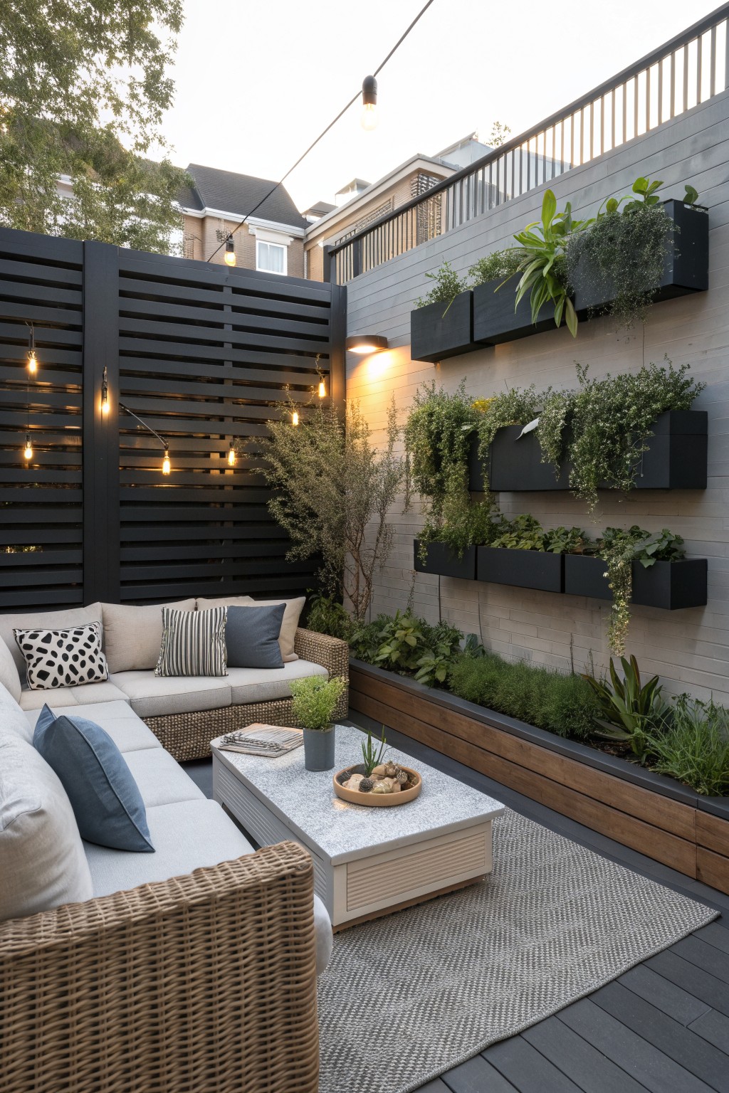 Outdoor patio enclosed by a tall black slatted privacy fence, with a light gray sectional sofa, coffee table on a woven rug, and multiple black rectangular wall planters filled with greenery.