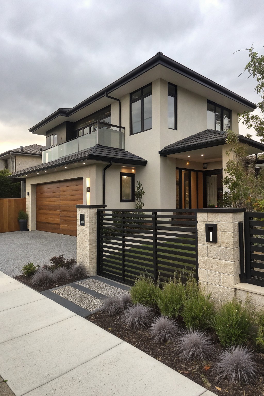 Modern two-story beige house with black trim, wooden garage door, and metal gate.