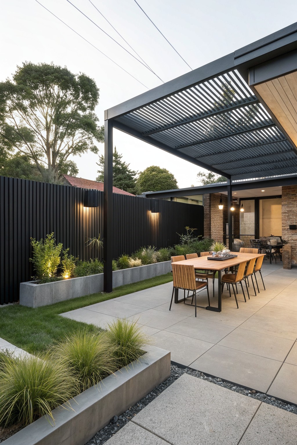Modern outdoor patio with a long wooden dining table under a black metal slatted pergola, bordered by a tall black vertical slat fence and concrete planters with ornamental grasses.