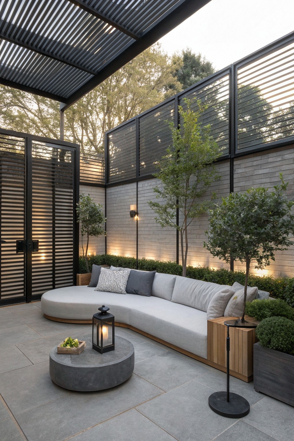 Modern outdoor patio enclosed by black slatted metal fencing with a curved sectional sofa and round concrete table.