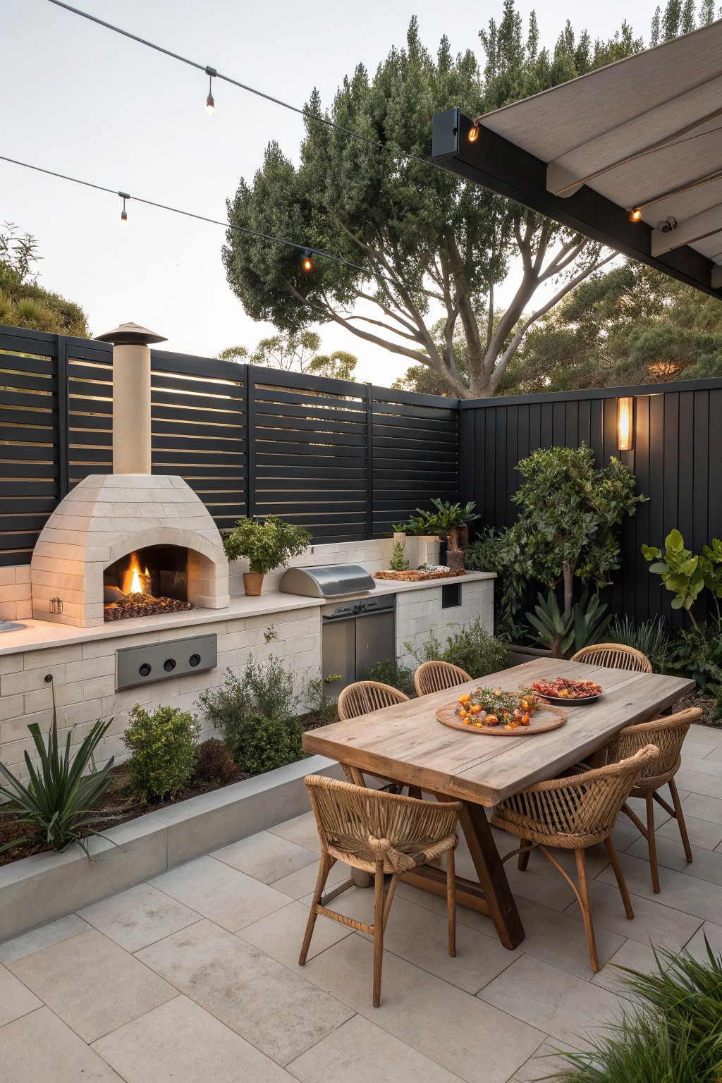 An outdoor patio with a black horizontal slatted fence, a stone pizza oven, built-in appliances, a wooden dining table, and woven chairs.