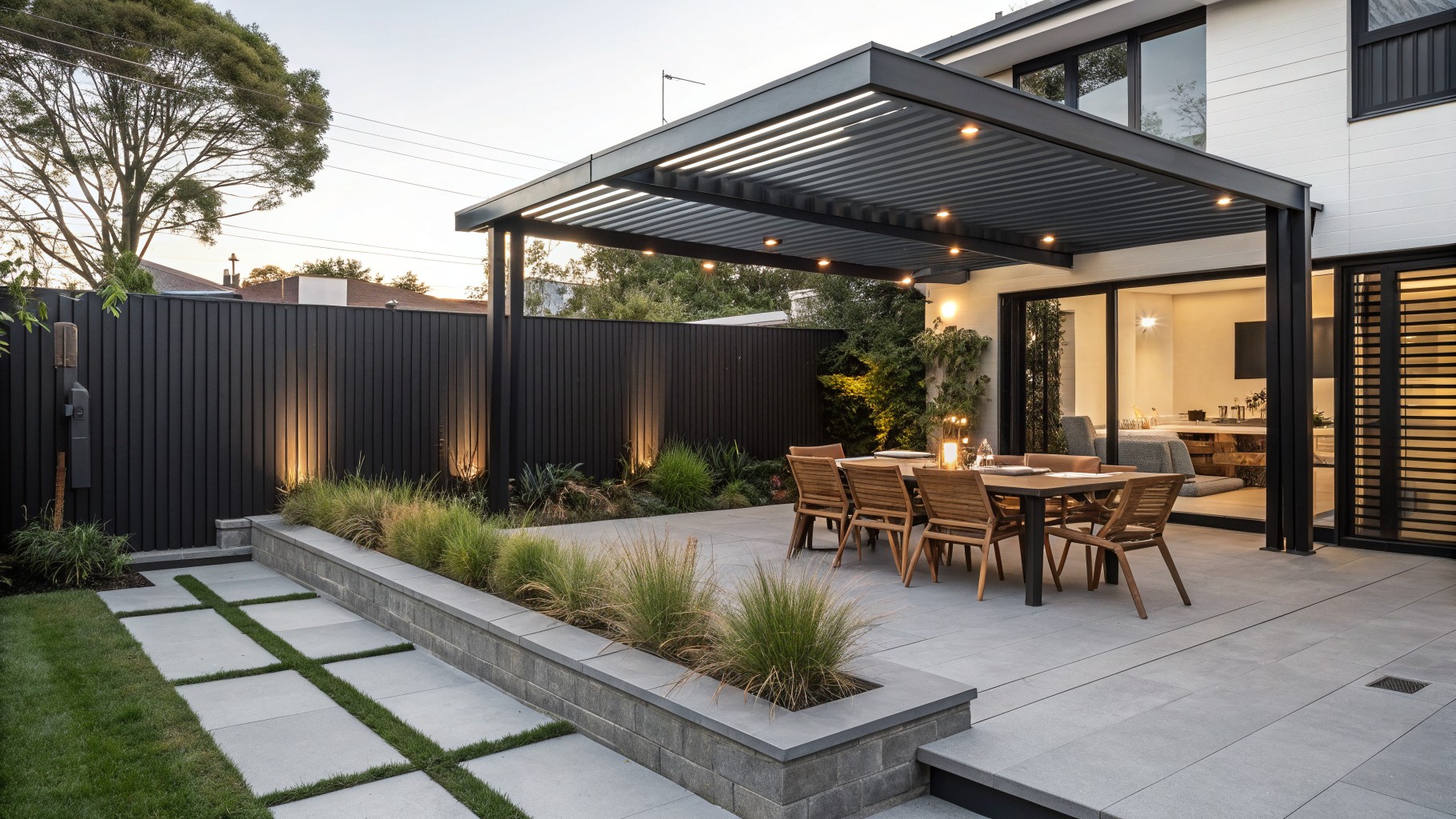 Modern outdoor patio with a long wooden dining table under a black metal slatted pergola, bordered by a tall black vertical slat fence and concrete planters with ornamental grasses.