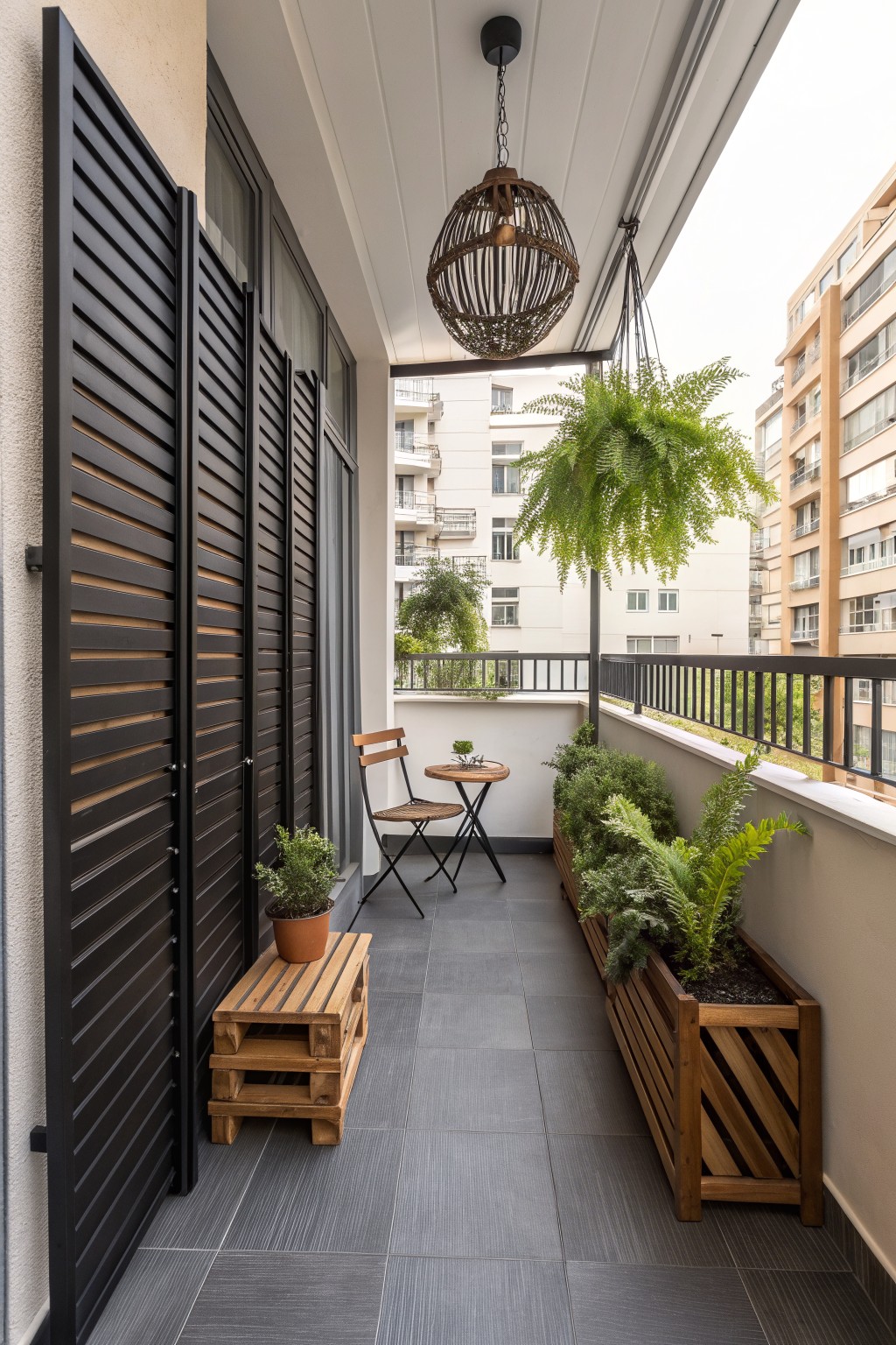 A narrow balcony with gray floor tiles shows a tall black horizontal slatted privacy screen along the left wall and wooden planters with greenery along the right railing.