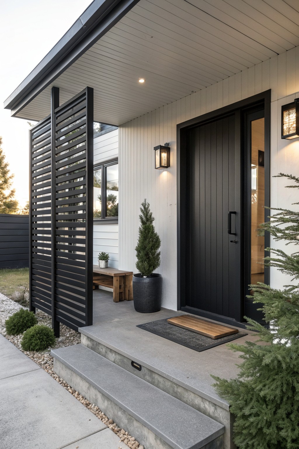 Modern entry with black door, slatted screen, potted plants on concrete porch.
