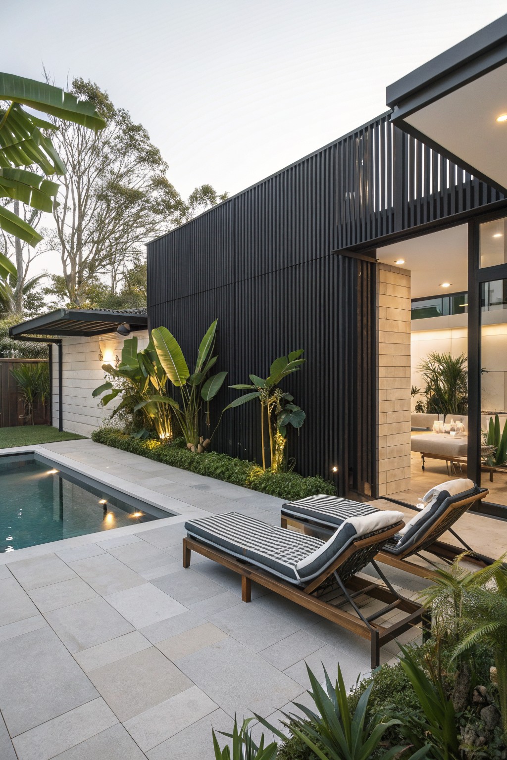 Modern backyard with black vertical slatted wall next to a pool, two lounge chairs on the patio, and surrounding plants.