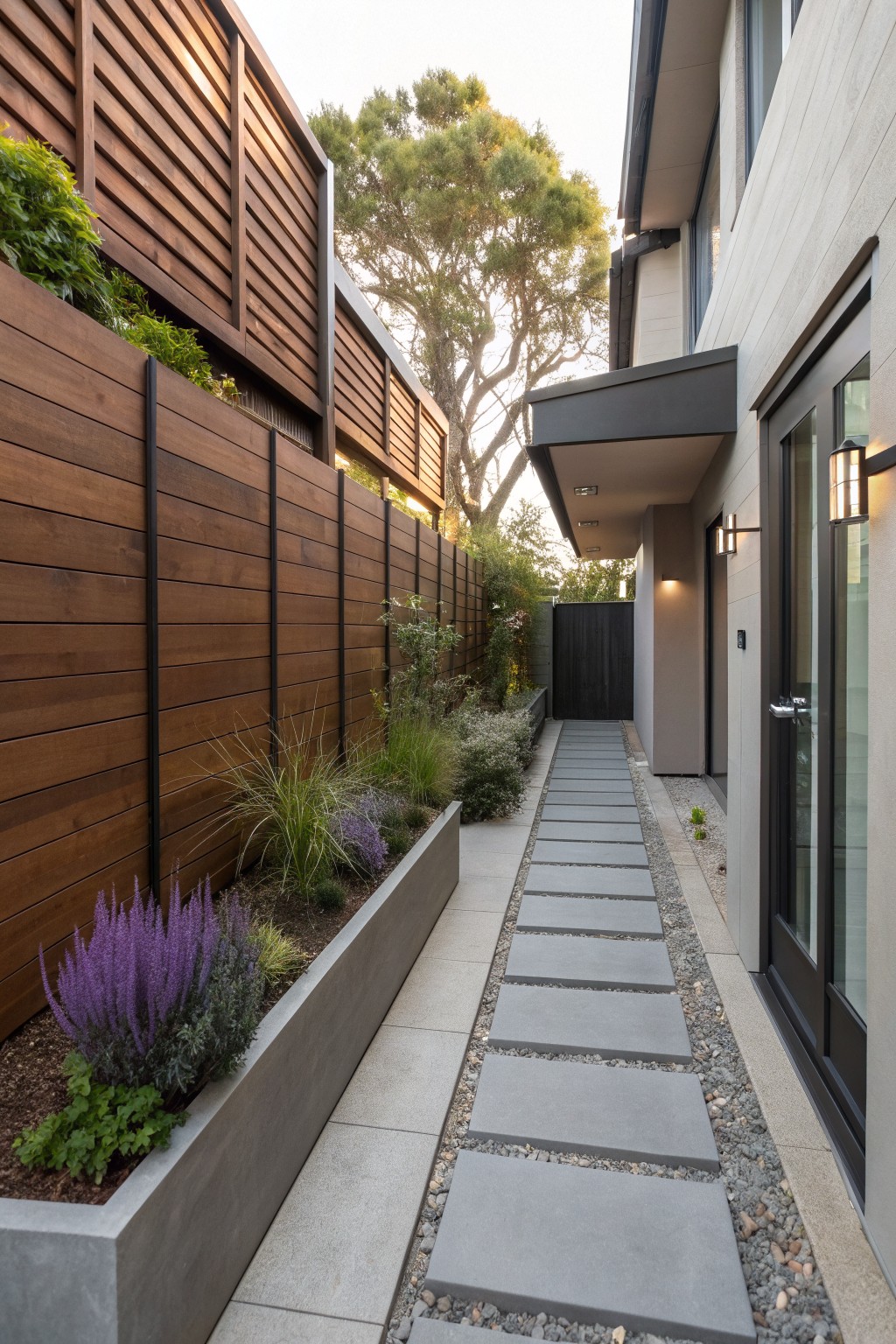 Modern stone paver path beside wooden fence and purple flowering plants.