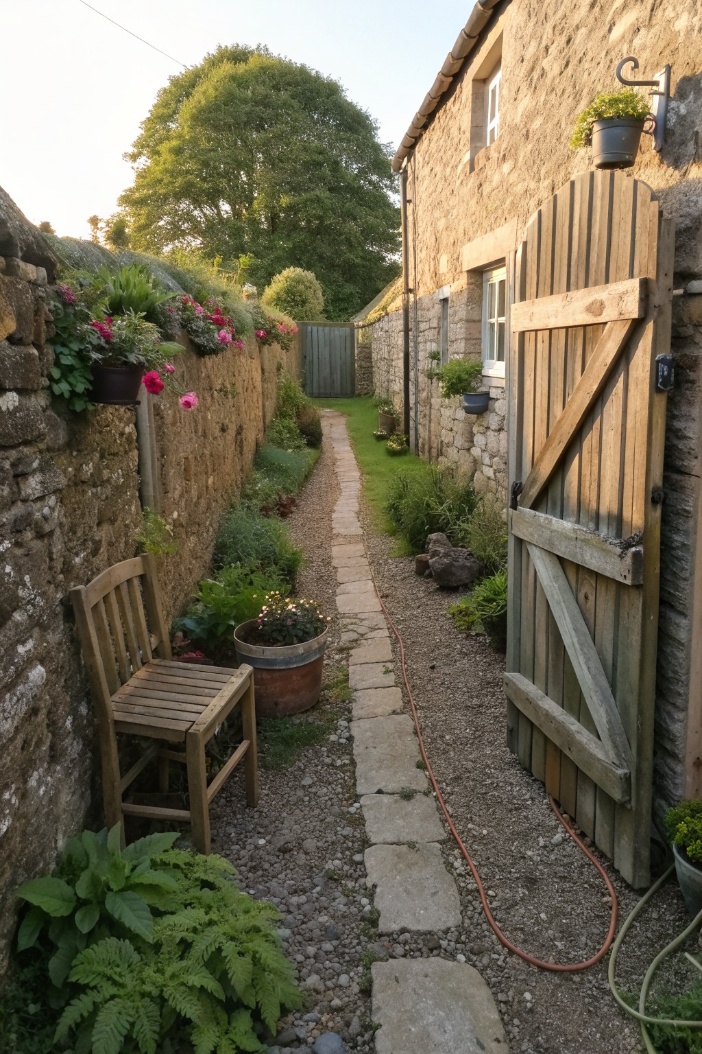 Stone path lined with potted flowers beside wooden chair and open gate
