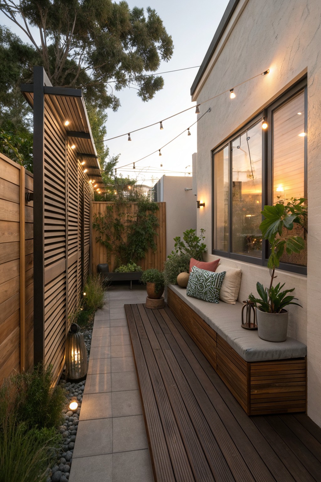 Modern narrow courtyard with built-in wooden bench, cushions, plants, and string lights