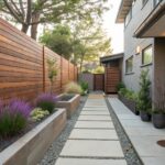 Modern stone paver path beside wooden fence and purple flowering plants.