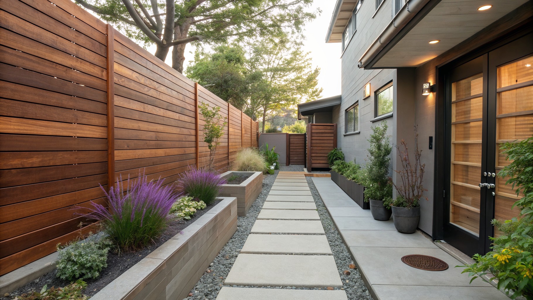 Modern stone paver path beside wooden fence and purple flowering plants.