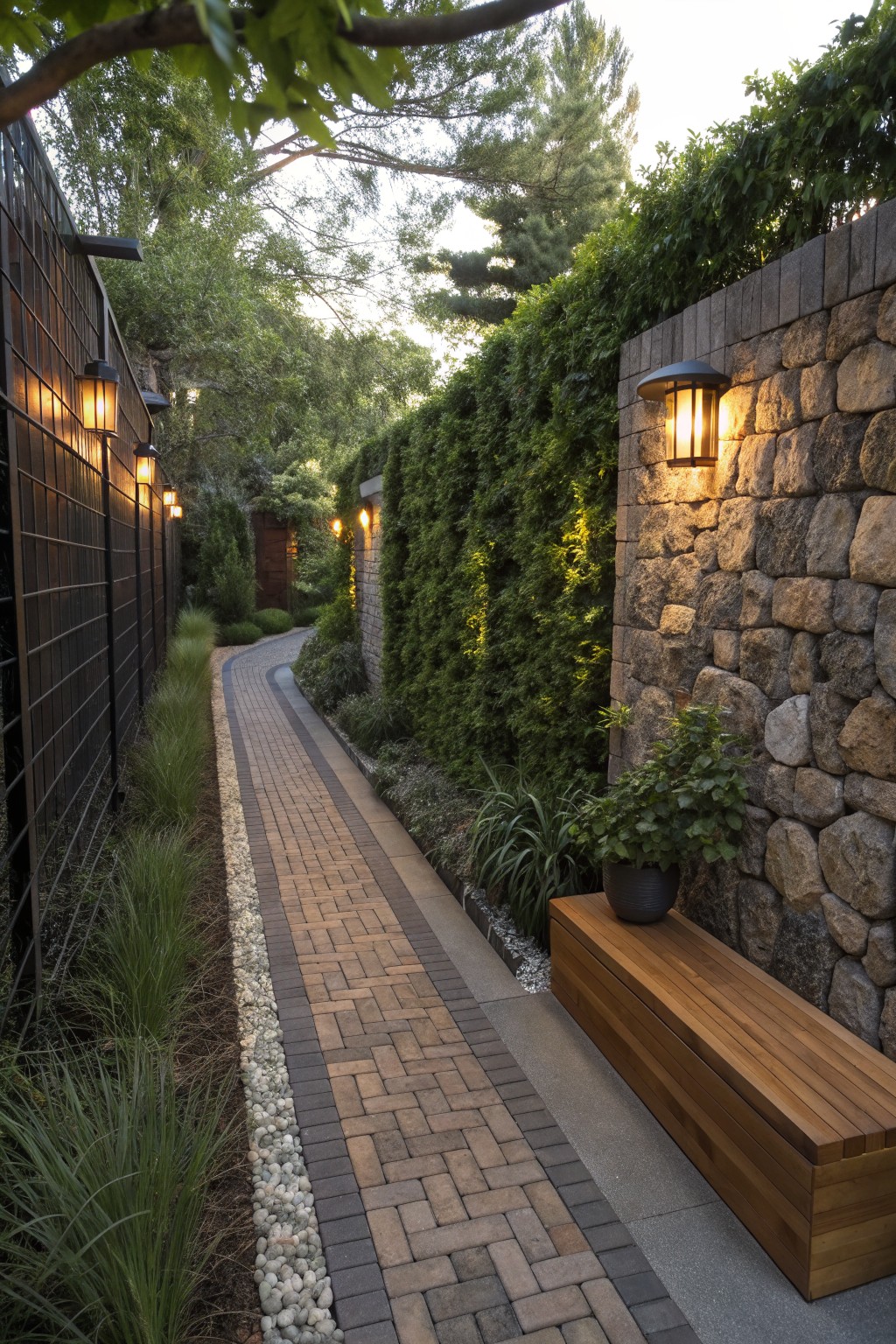 A narrow brick pathway runs between a dark grid fence on the left and a tall stone wall covered in ivy on the right, with wall lights and a wooden bench along the stone side.