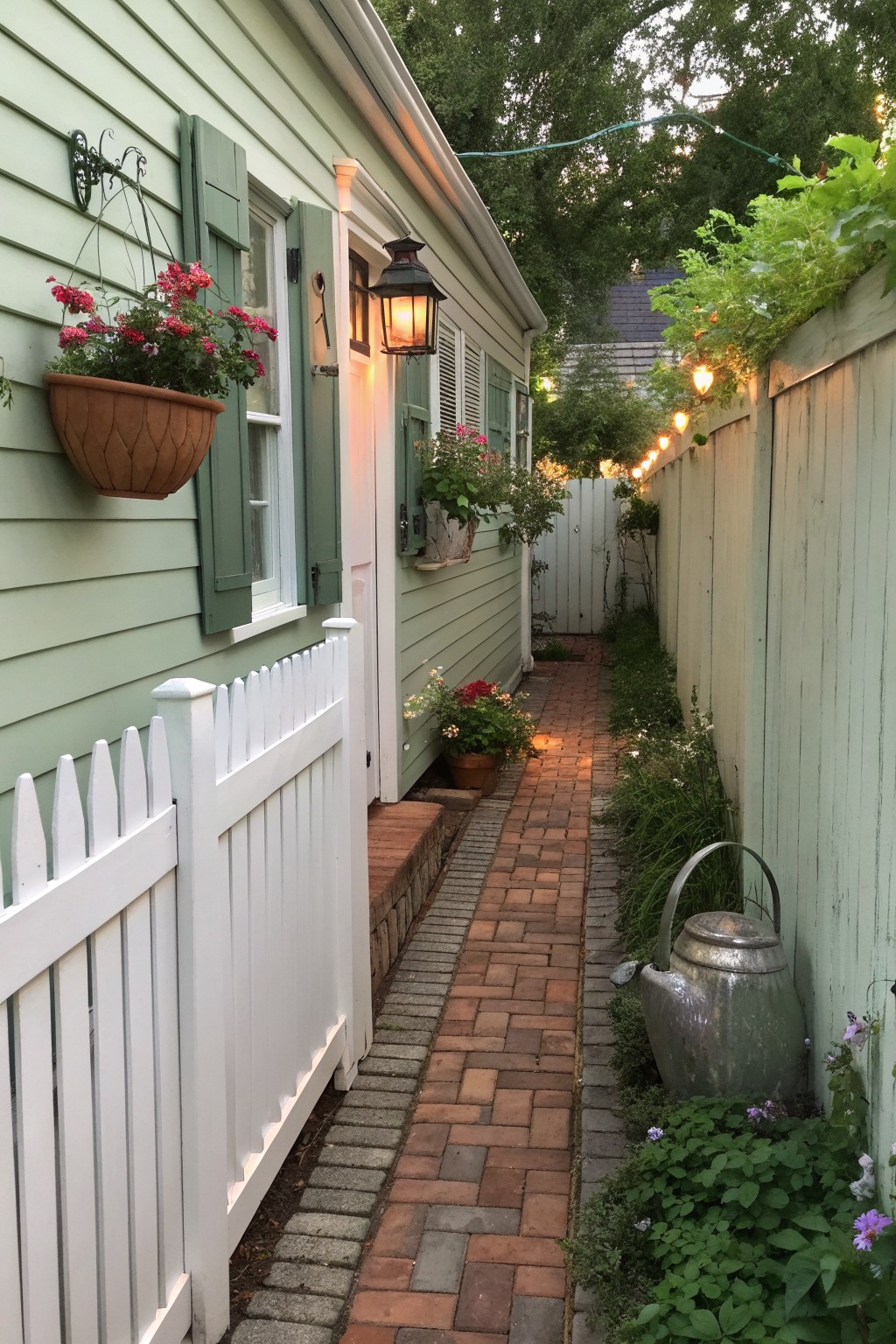 A narrow brick path runs between a light green house exterior and a tall wooden fence, with a white picket fence bordering the left side and potted plants along the walls.