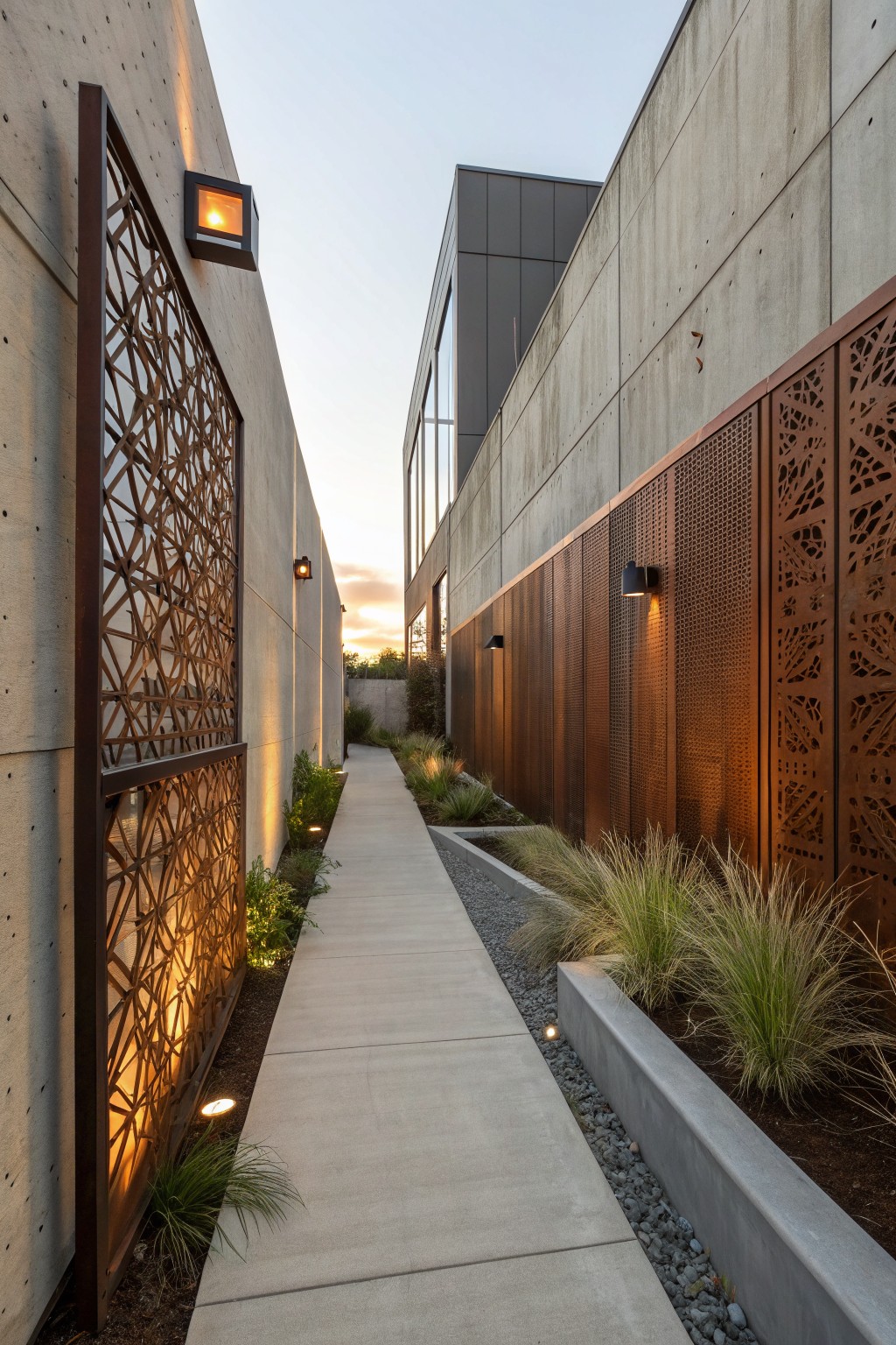A narrow concrete path runs between concrete walls fitted with decorative rusted metal privacy screens that have cutout patterns, along with low grasses and small lights.