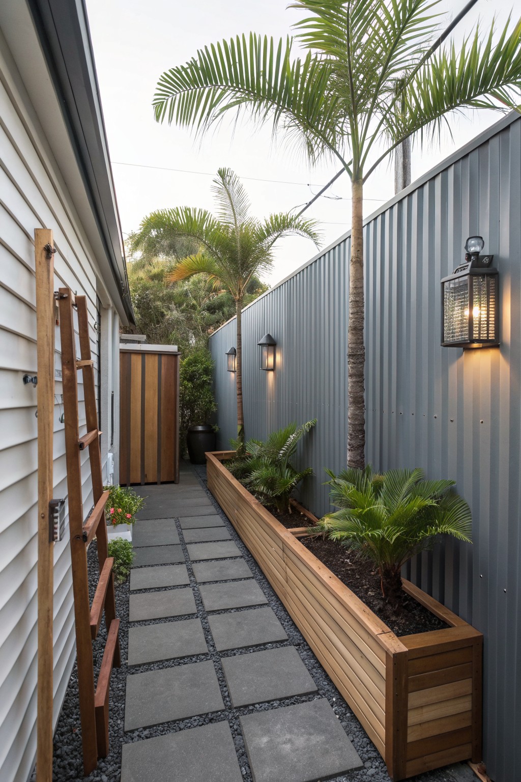 Narrow stone path beside wooden planter box with palms against gray fence