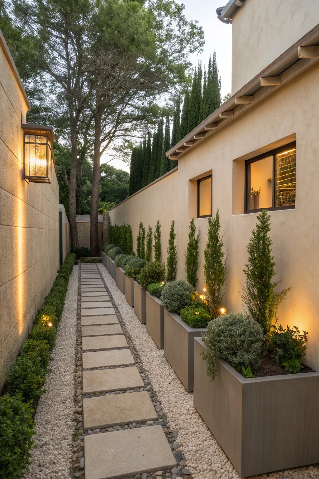 Narrow stone path lined with lit modern planters, shrubs, and beige walls at dusk
