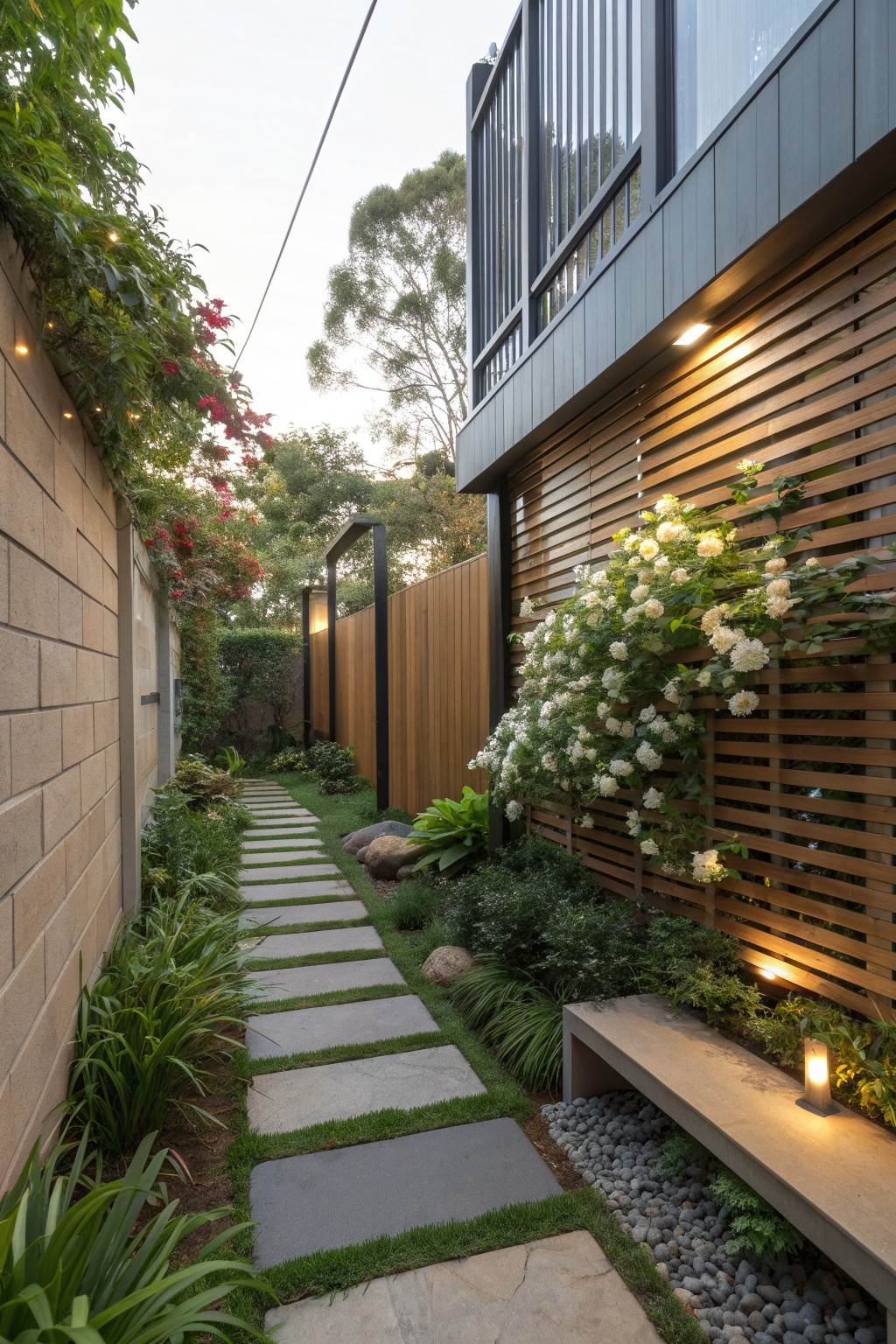 Narrow stone path with stepping stones, lush plants, and bench beside modern house.