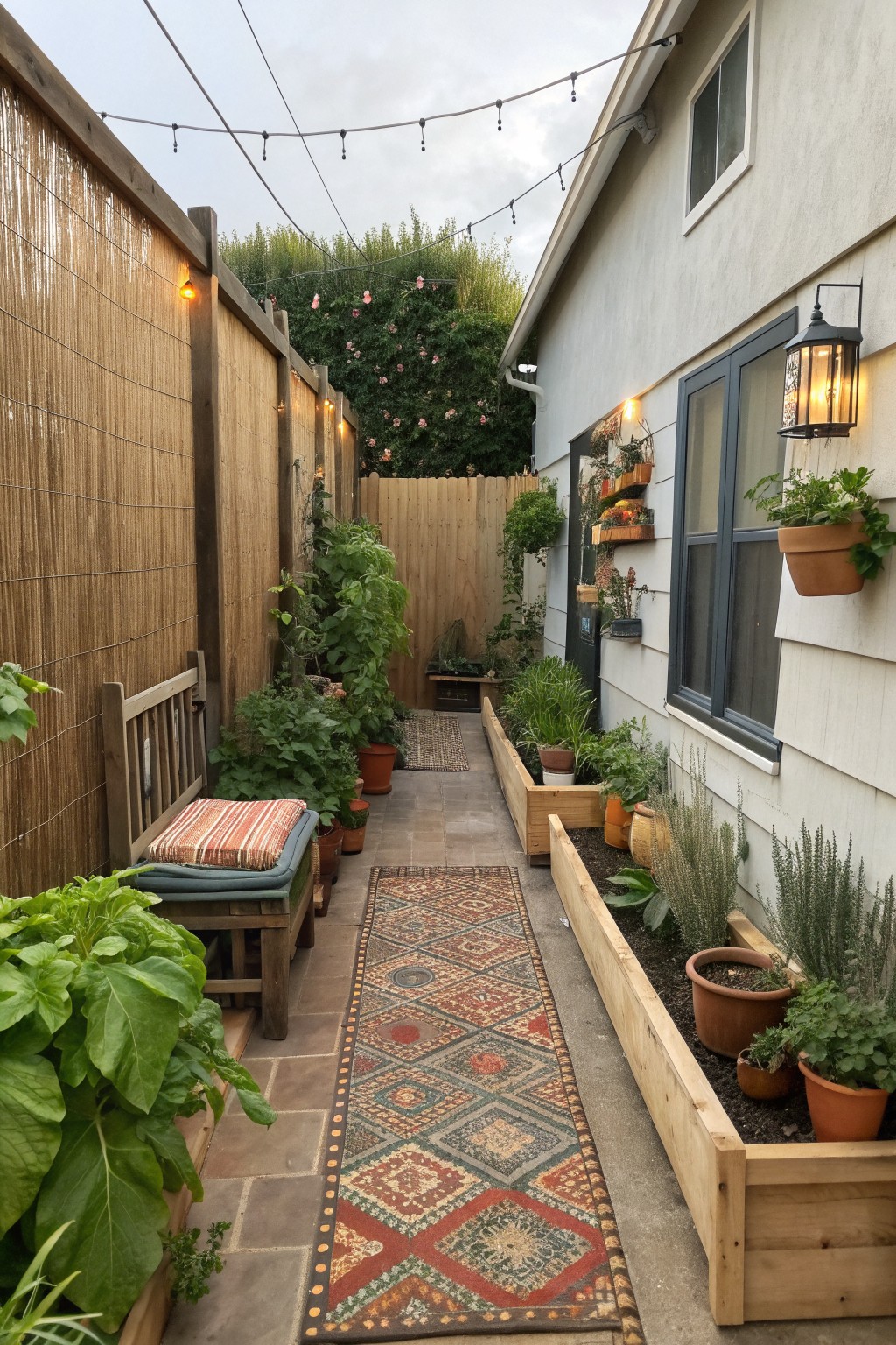 Narrow side yard with stone path, patterned runner rug, tall wooden fence on left, raised wooden planters with potted plants on right, and string lights overhead.