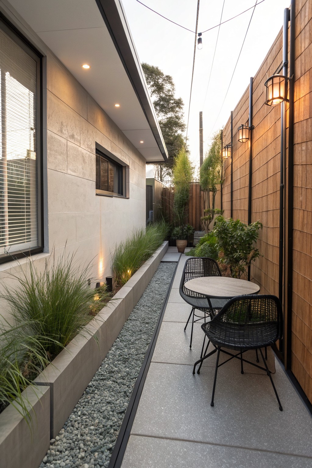 A narrow side yard walkway with a tall vertical wood fence on the right, a stone wall on the left, a gravel plant bed, and a small seating area with black chairs and a round table.