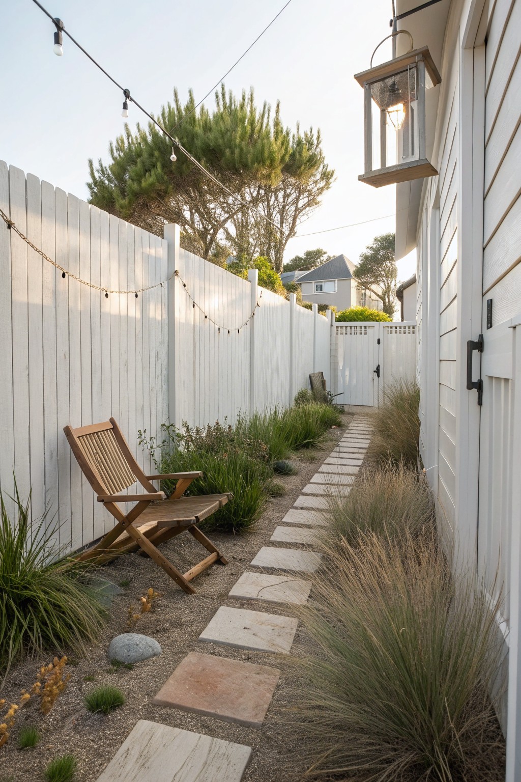 A narrow side yard with a tall white vertical board fence, stone stepping path, and tall grasses beside a house wall.