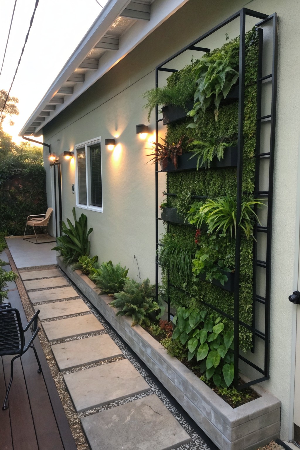 A narrow side yard with a concrete path next to a house wall that holds a tall black metal frame filled with dense green plants in multiple levels.