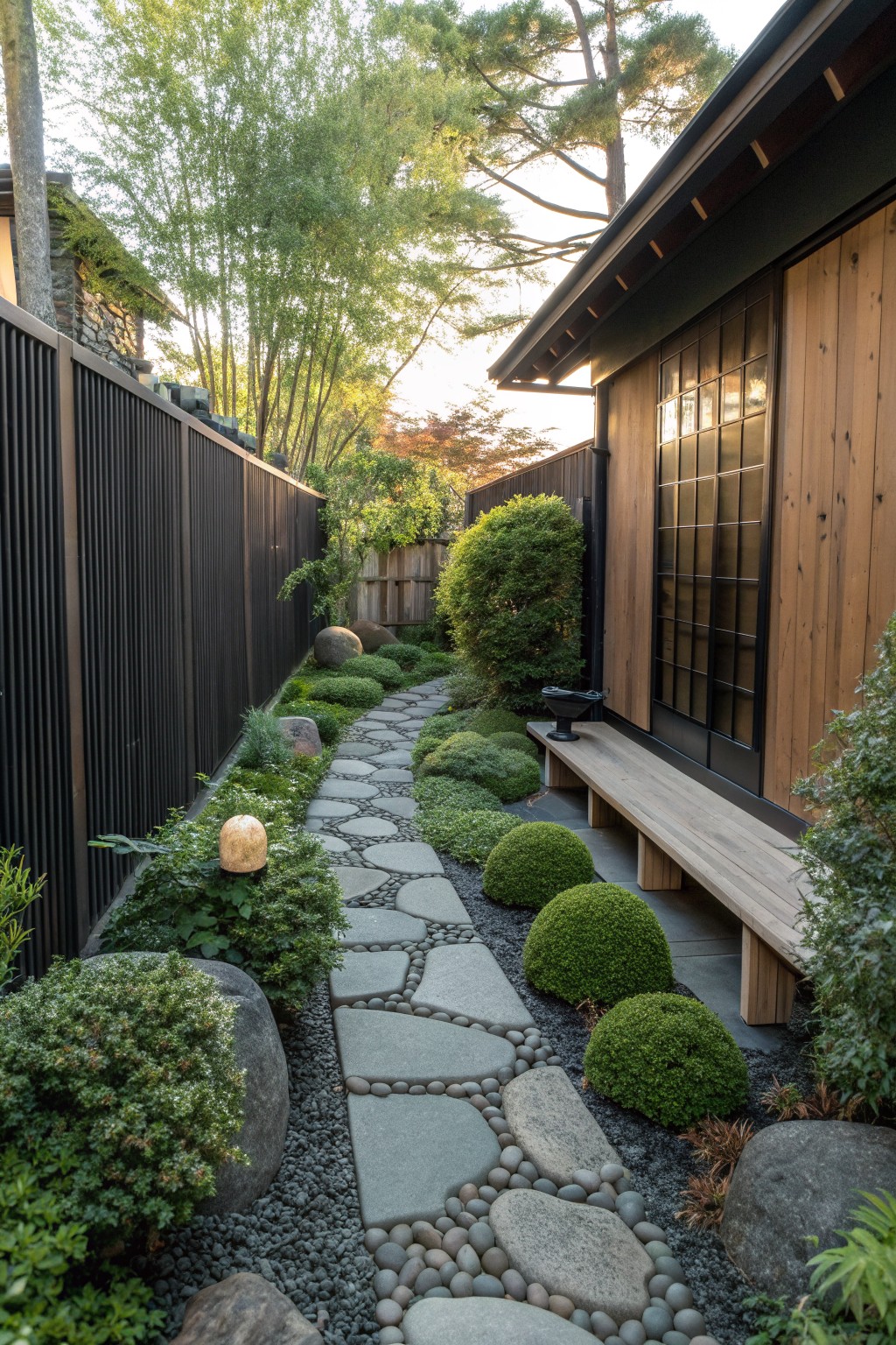 A narrow side yard path made of irregular stone pavers set in gravel, bordered by a tall dark vertical slat fence on the left and a wooden house wall with a bench on the right, with rounded shrubs and rocks along the edges.