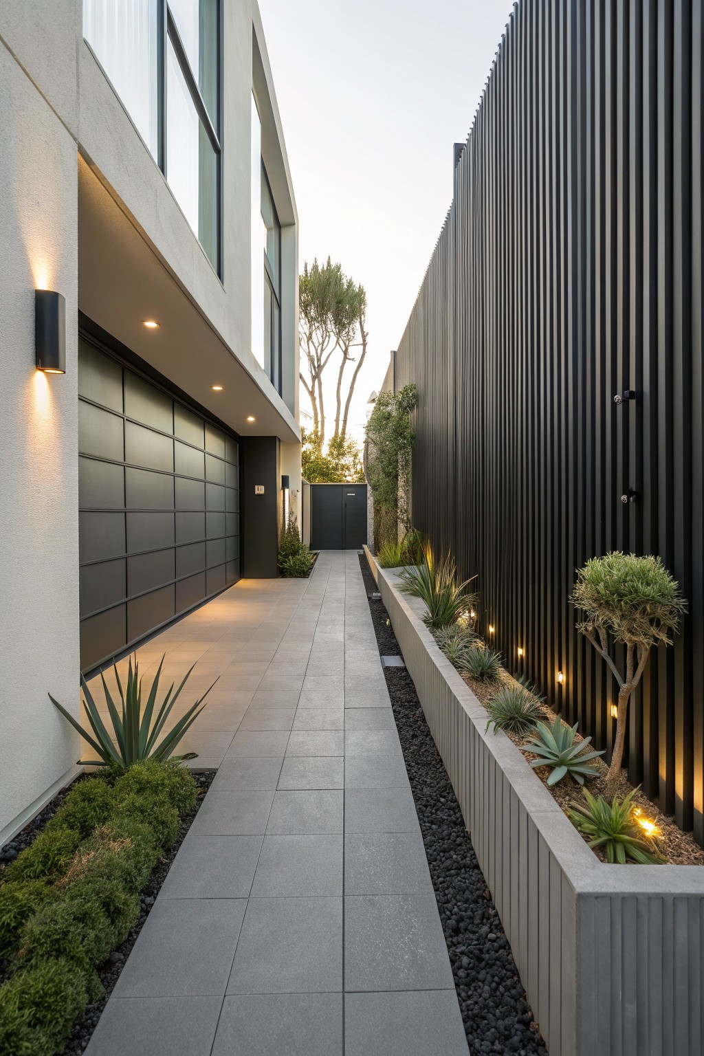 Narrow paved side yard between a modern house and a tall dark vertical slat fence with a long concrete planter holding small trees and ground cover plants.