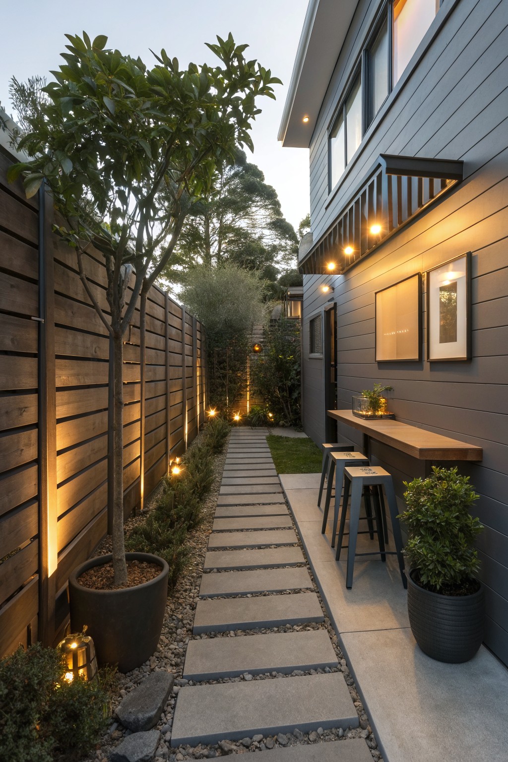 A narrow outdoor side yard with a tall vertical wood privacy fence on the left, a concrete stepping stone path, and a modern house wall with bar seating and wall lights on the right.