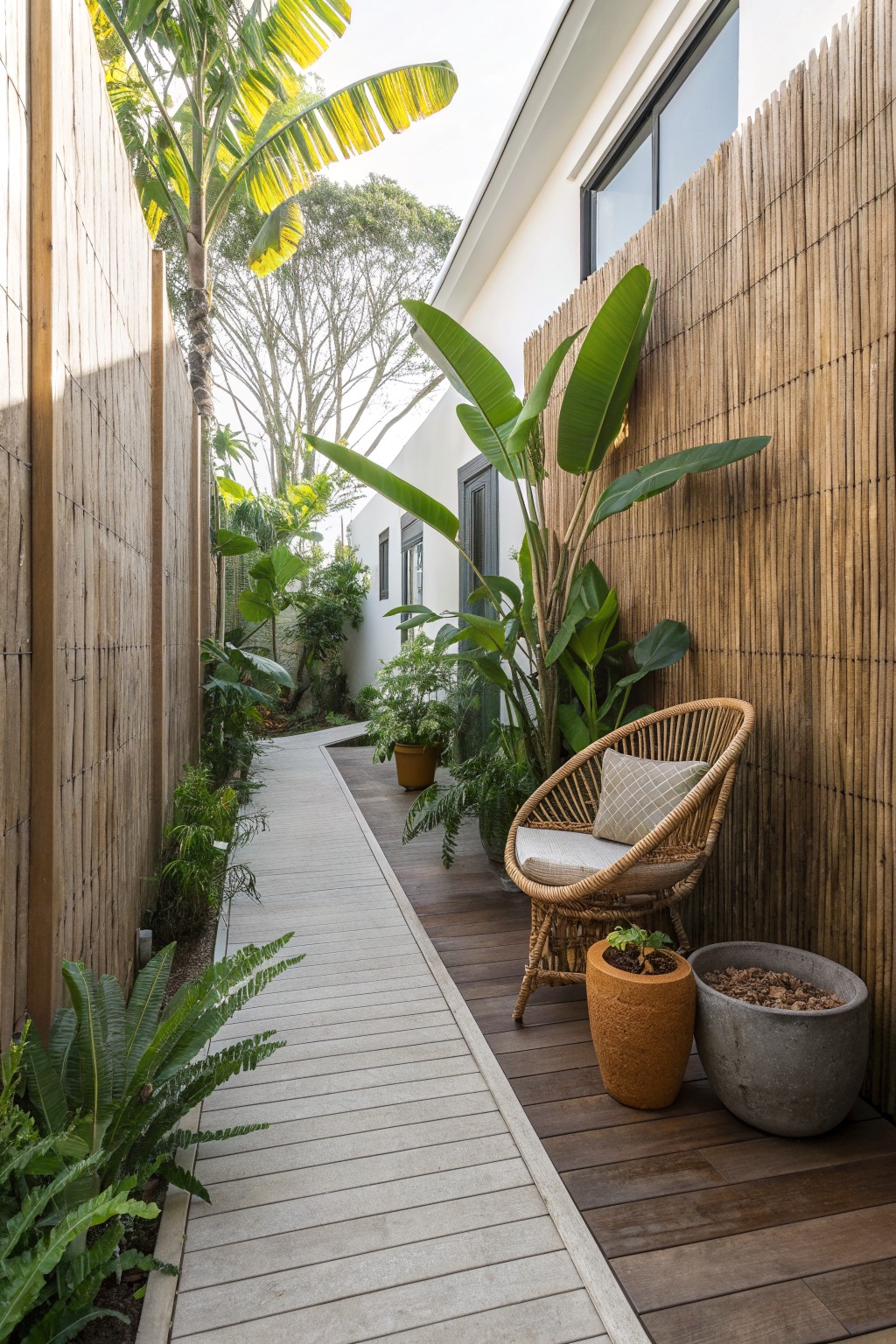 A narrow side yard enclosed by tall vertical wood slat fences on both sides, with a wooden deck path, large potted plants, and a wicker chair.