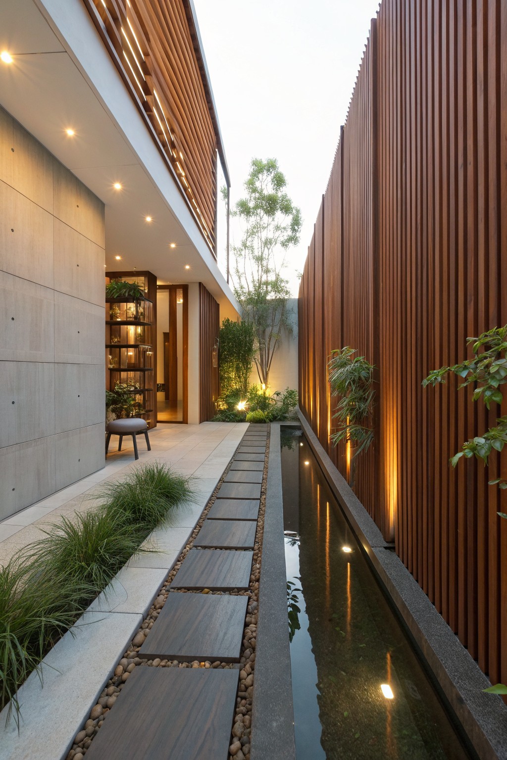 A narrow side yard shows a long water channel running beside wooden stepping stones, with tall vertical wood slats on the right wall and a concrete wall on the left.