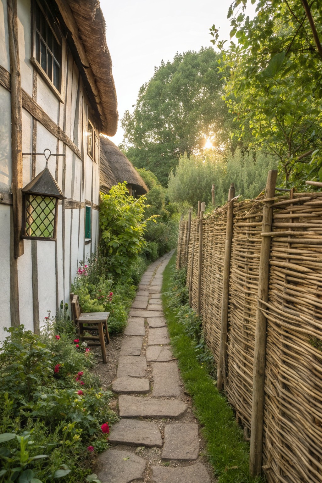 A narrow stone path runs between a half-timbered house with a thatched roof and a tall woven wooden fence bordered by garden beds.