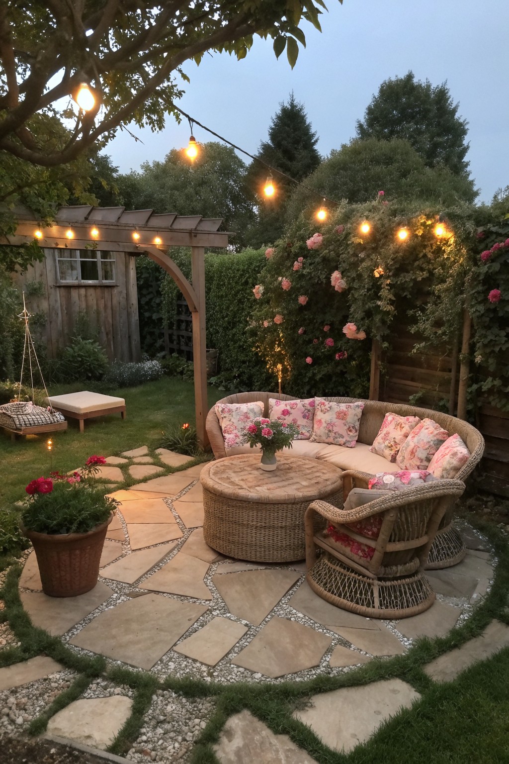 A curved rattan sectional sofa with a round coffee table sits on a stone patio, surrounded by string lights and climbing roses.