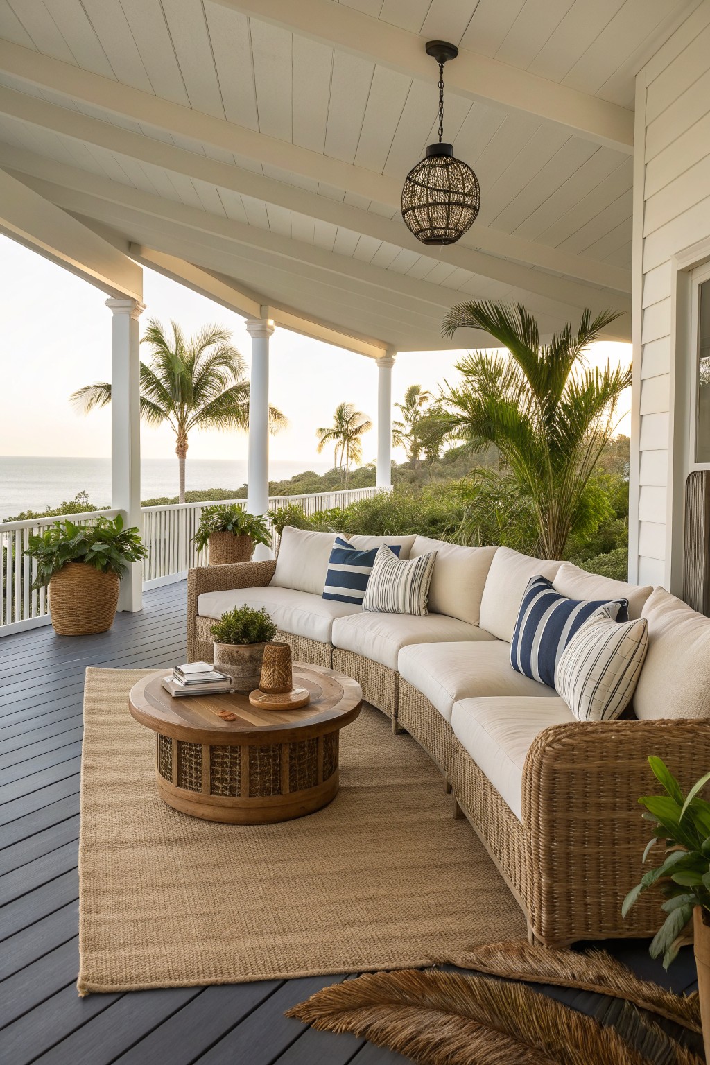 A large curved rattan sectional sofa with off-white cushions and striped pillows sits on a woven rug on a wooden porch, with a round coffee table in front and an ocean view beyond.