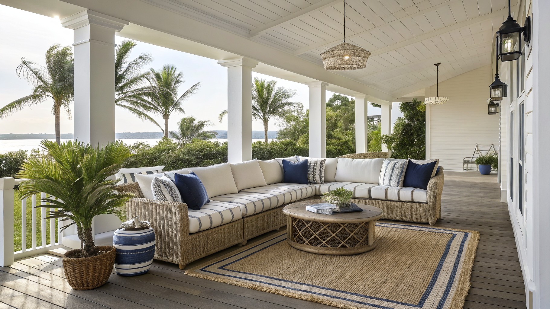 A large curved rattan sectional sofa with off-white cushions and striped pillows sits on a woven rug on a wooden porch, with a round coffee table in front and an ocean view beyond.