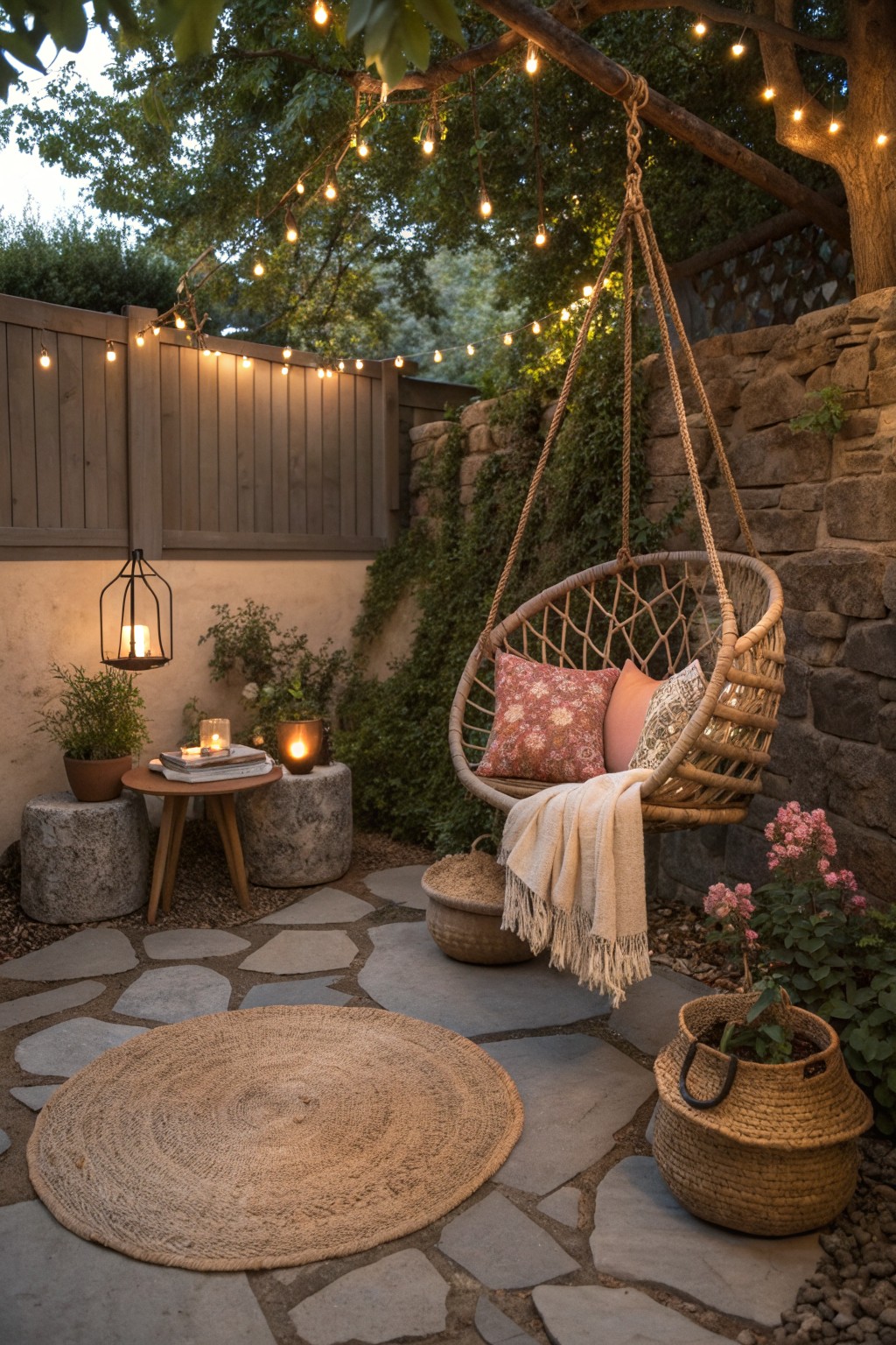 A woven rattan hanging chair with pillows and a throw is suspended from a tree branch over a stone patio, with string lights above and a round rug on the ground.