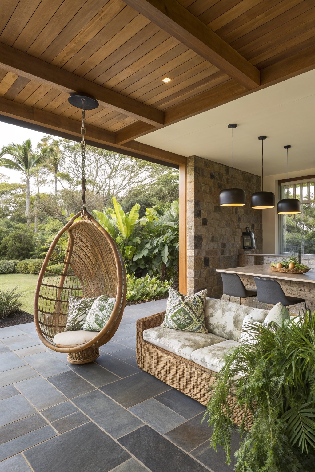 A covered outdoor patio with a hanging rattan egg chair, a woven sofa with cushions, a stone bar counter with stools, and pendant lights overlooking greenery.