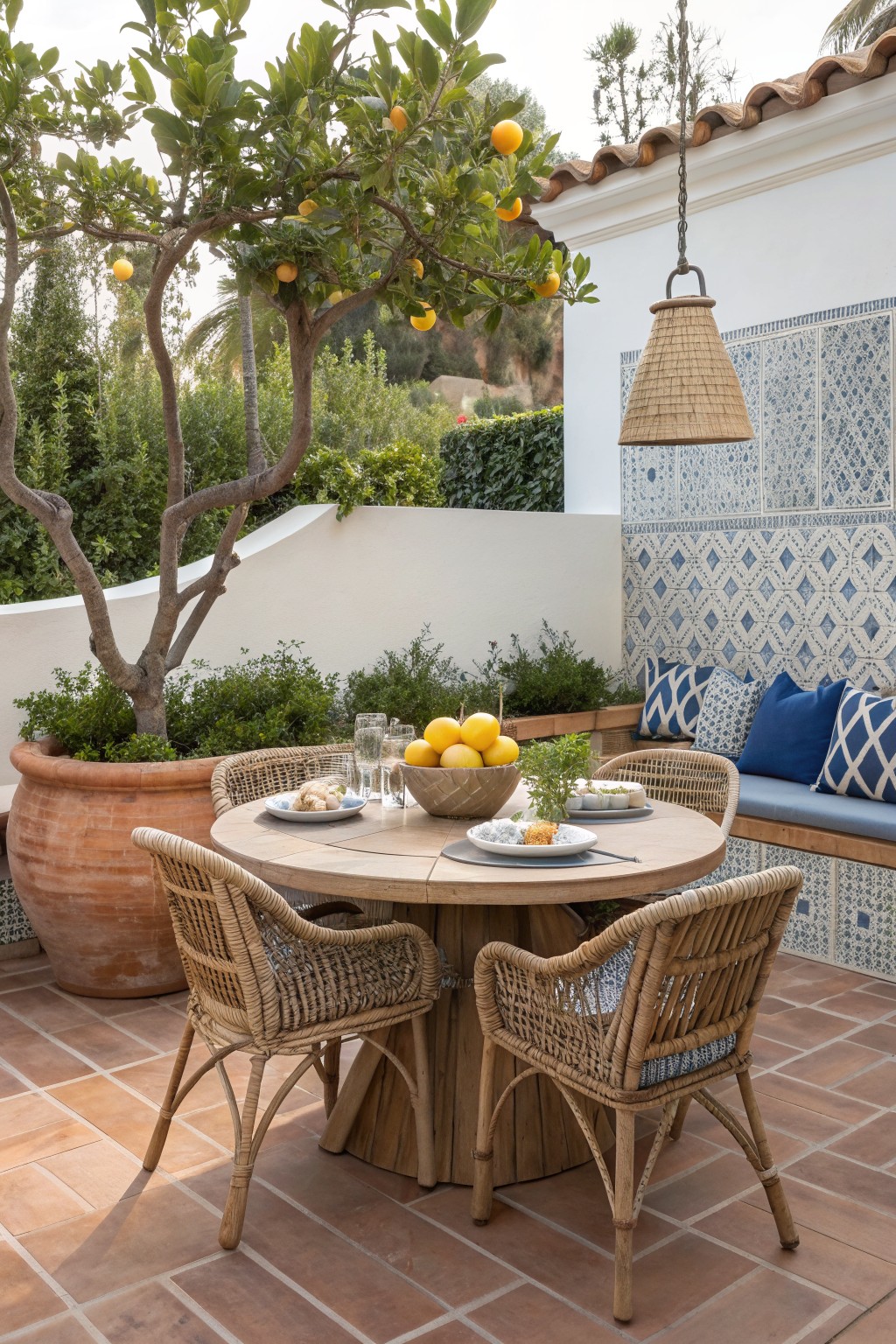 Outdoor patio dining area with a round wooden table, four woven rattan chairs, and a built-in bench with blue cushions next to a large potted citrus tree.