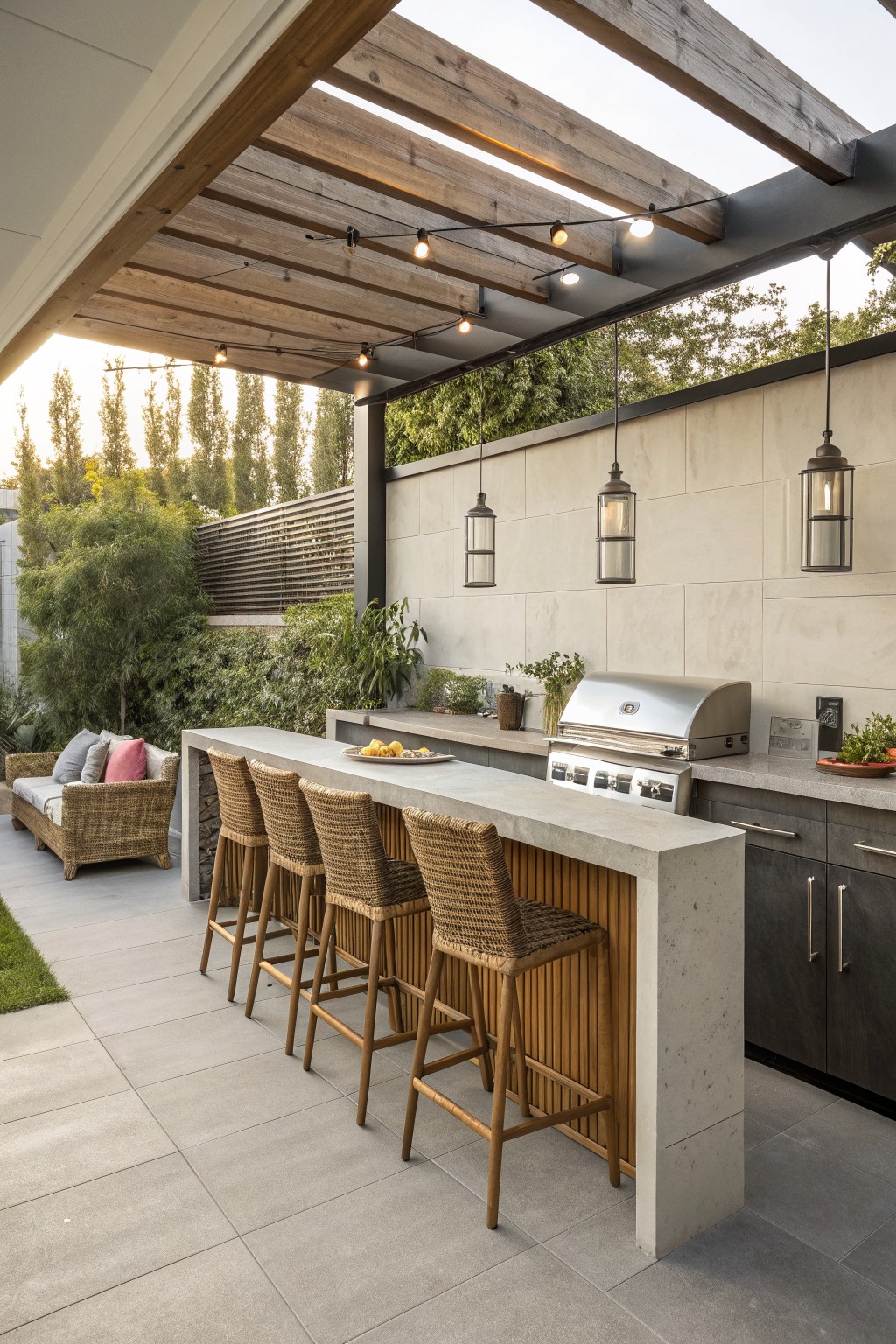 Outdoor kitchen bar with four woven rattan stools lined up along a concrete counter beside a stainless steel grill.